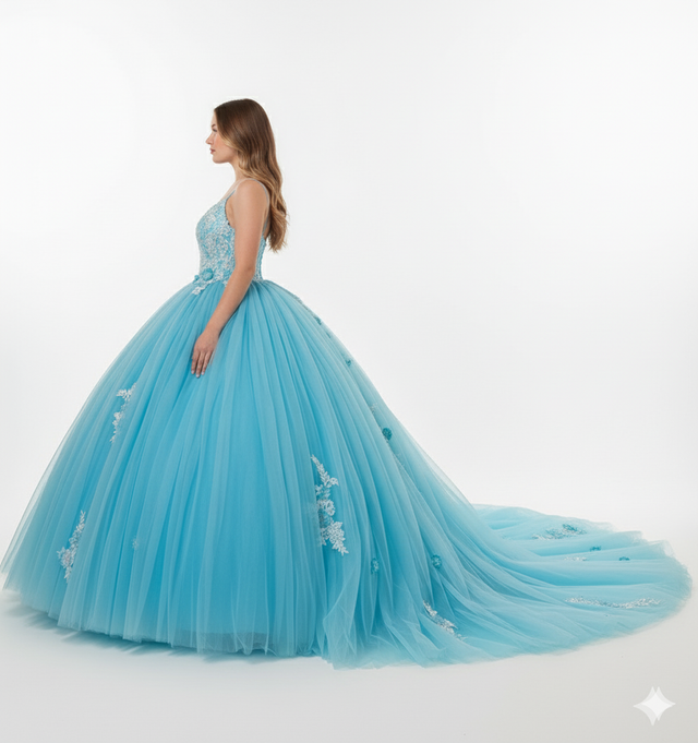 Vestido de Quinceañera Azul y Blanco