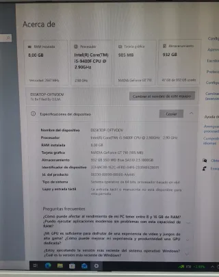 Ordenador Slim Core i5 9400F SSD 1TB 8Gb Ram VGA G