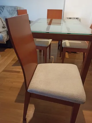 Conjunto mesa comedor cristal y madera