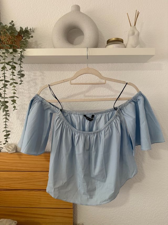 Top palabra de honor azul mangas acampanadas