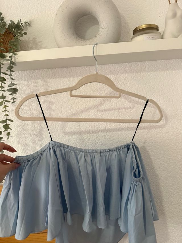 Top palabra de honor azul mangas acampanadas