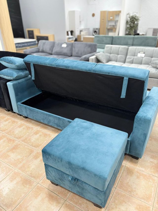 Sofá Cama Azul con Puff Almacenamiento