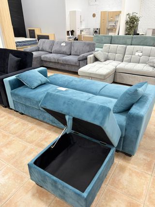 Sofá Cama Azul con Puff Almacenamiento