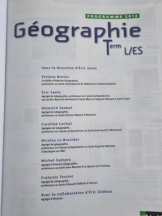 Géographie Tle L/ES Programme 2012