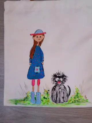 Bolso de tela pintado a mano niña y gato