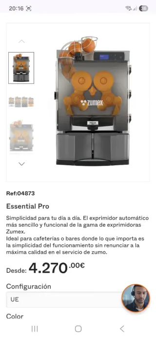 Maquina zumo exprimidor. Zumex essential pro