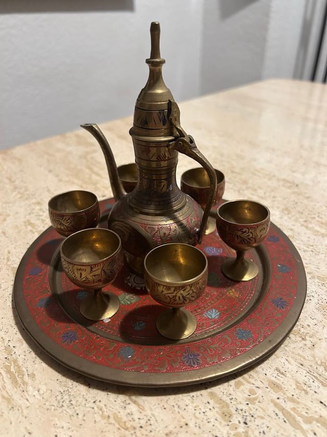 Juego té árabe mini latón y cristal