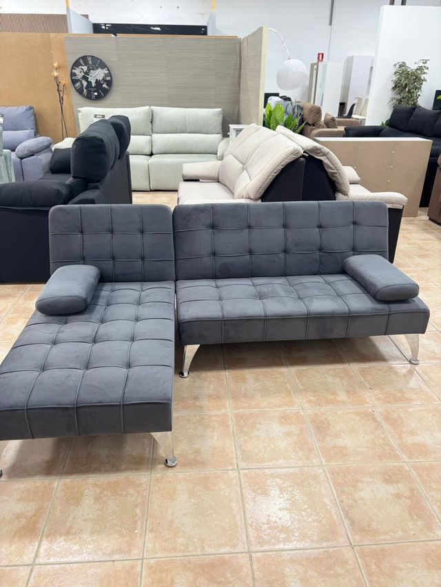 Sofá Cama Gris Chaise Longue Terciopelo