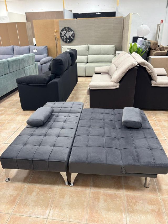 Sofá Cama Gris Chaise Longue Terciopelo