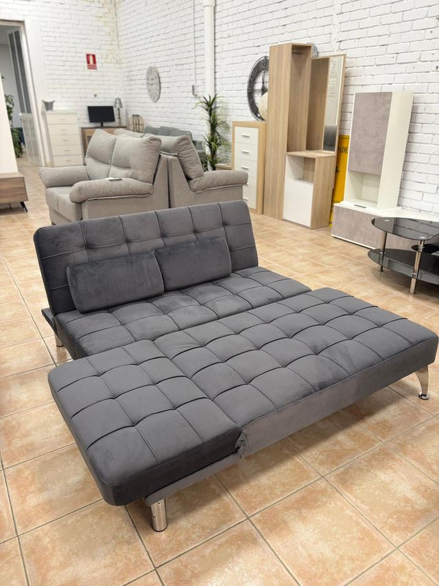 Sofá Cama Gris Chaise Longue Terciopelo