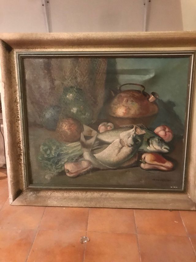 Cuadro bodegón con peces y verduras