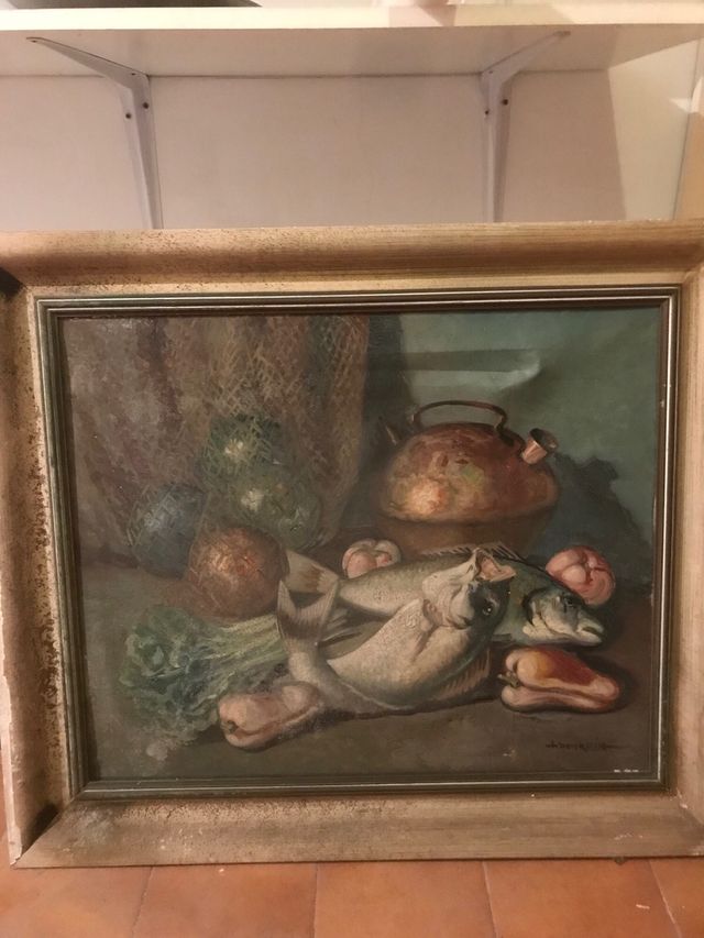 Cuadro bodegón con peces y verduras