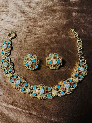 Conjunto Pulsera y Pendientes Flor Turquesa