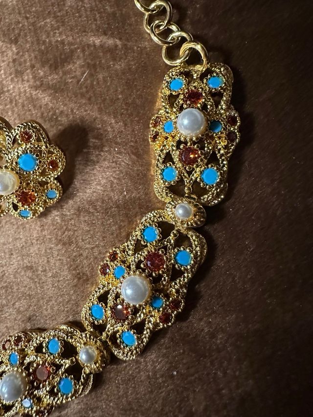 Conjunto Pulsera y Pendientes Flor Turquesa