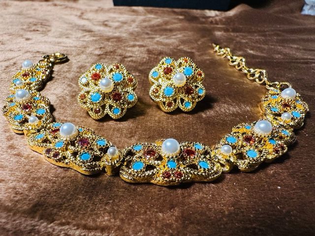 Conjunto Pulsera y Pendientes Flor Turquesa