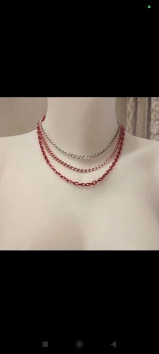 Collar de cadena triple plateado,rosa y fucsia