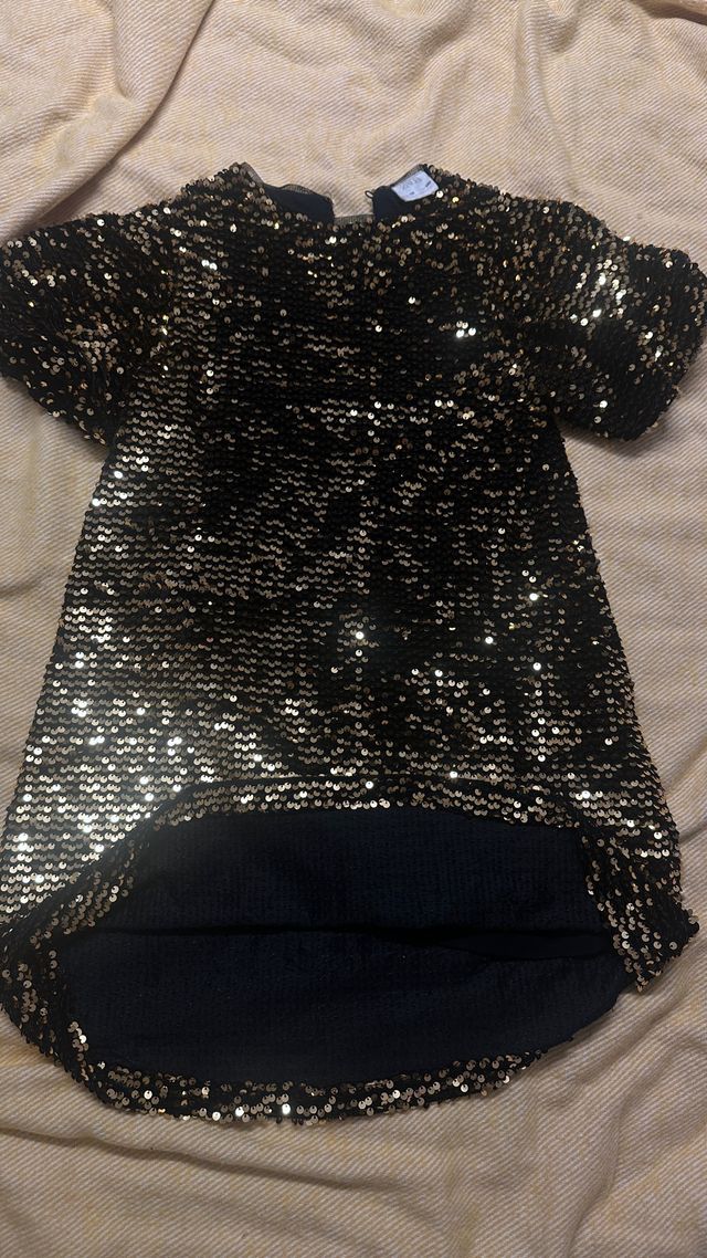 Vestido lentejuelas negro y dorado 10 años 140 cm