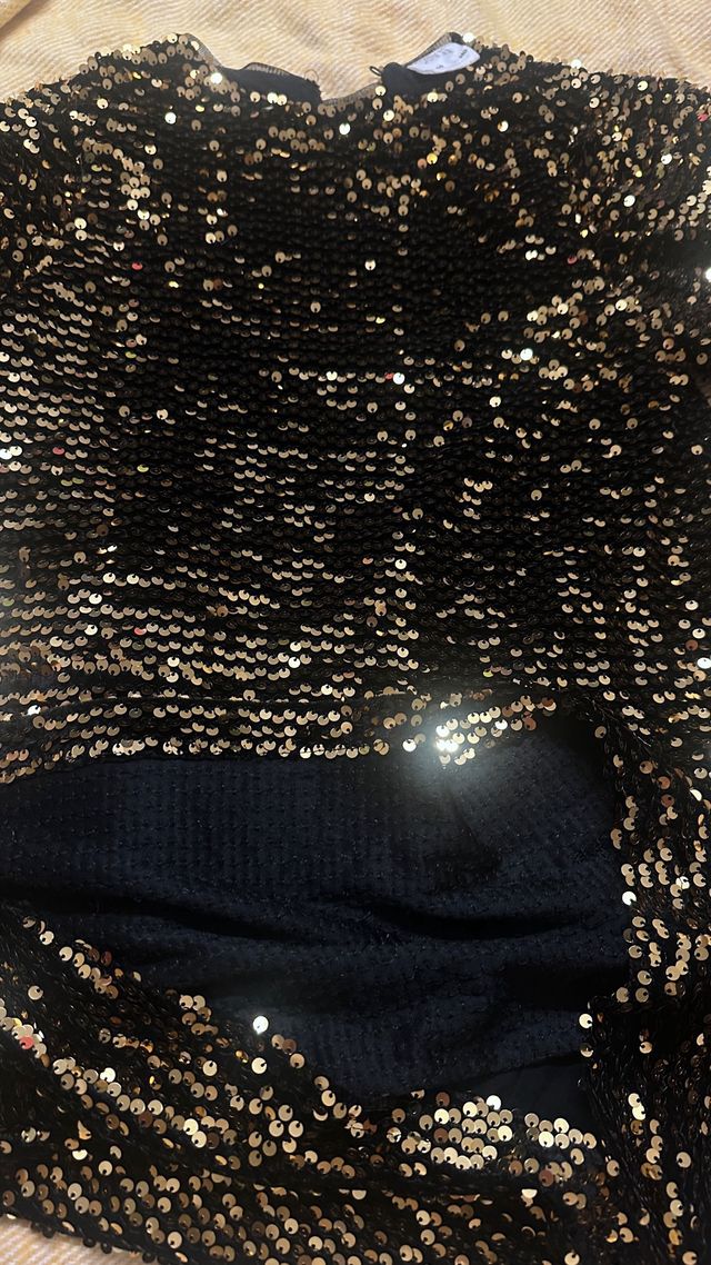 Vestido lentejuelas negro y dorado 10 años 140 cm