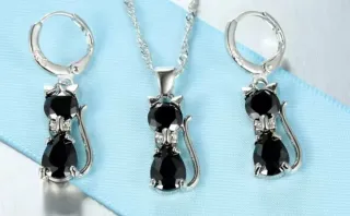Collar y Pendientes Gato Negro Plata 925