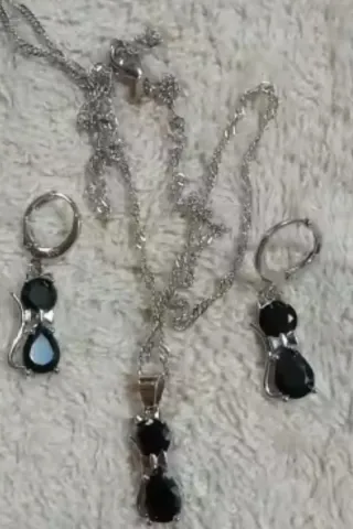 Collar y Pendientes Gato Negro Plata 925