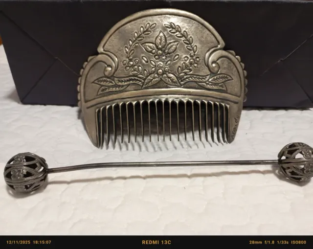 Peineta y gancho fallera plata vieja