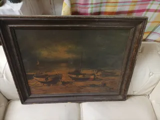 Cuadro al óleo marina con barcas