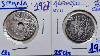 Lote 4 monedas 25 Cts 1925, 1928, 1934 y 1937