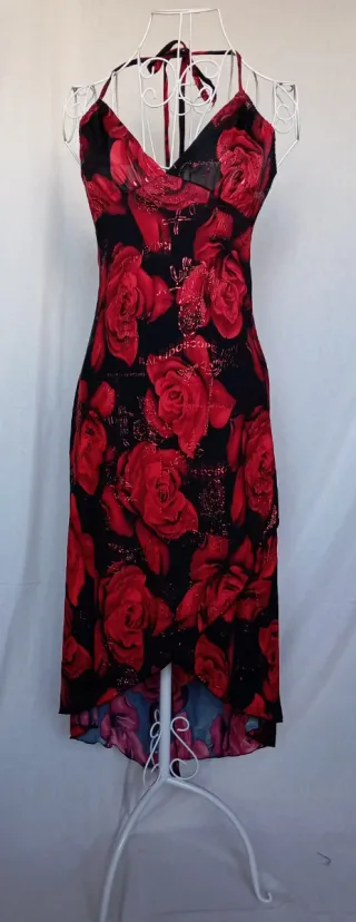 Vestido fiesta asimétrico flores rojas