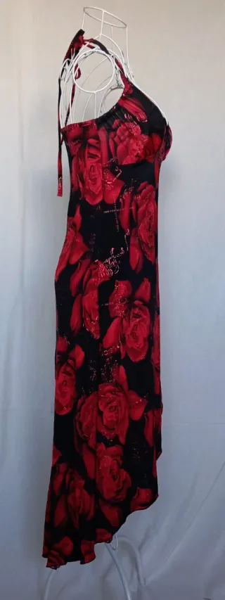 Vestido fiesta asimétrico flores rojas