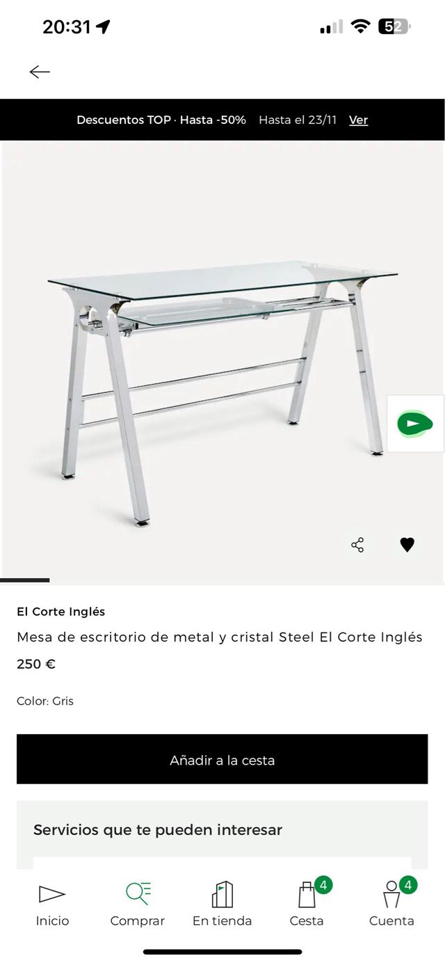 Escritorio El Corte Inglés metal y cristal