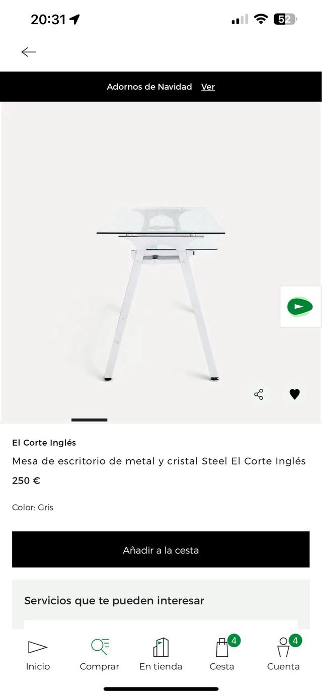 Escritorio El Corte Inglés metal y cristal
