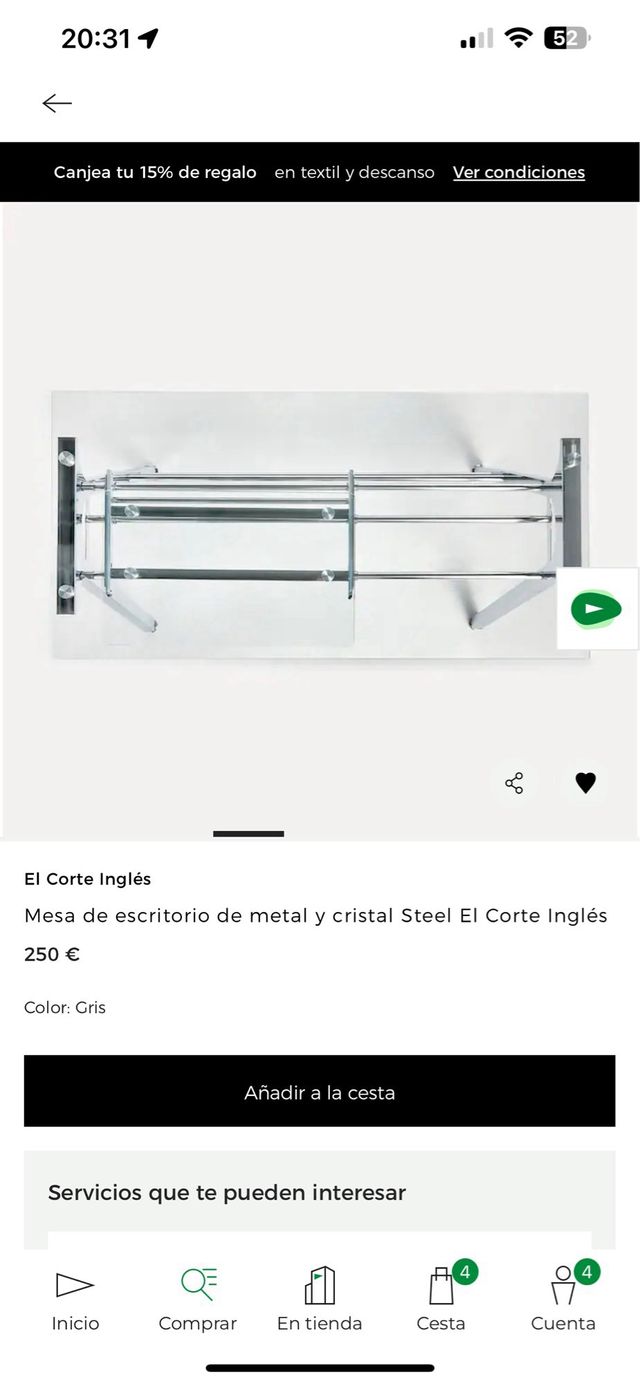 Escritorio El Corte Inglés metal y cristal