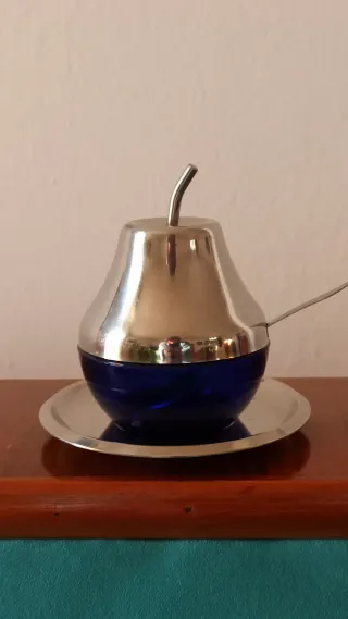 Zuccheriera vintage vetro blu e acciaio