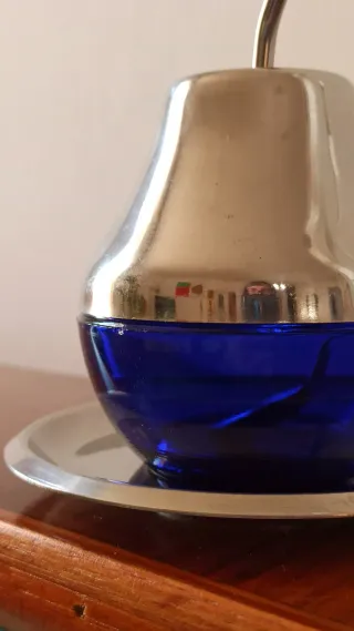 Zuccheriera vintage vetro blu e acciaio