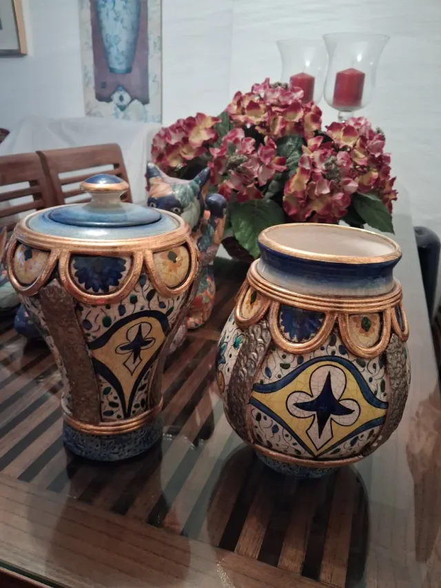 Juego de Jarrones Cerámica Azul y Dorado