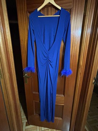 Vestido largo azul con plumas