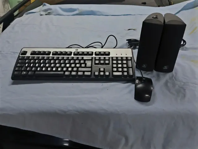 Pc con pantalla, teclado, ratón y altavoces.