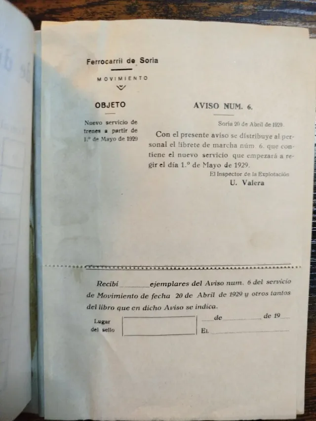Ferrocarril Soria Marcha de los trenes 1929