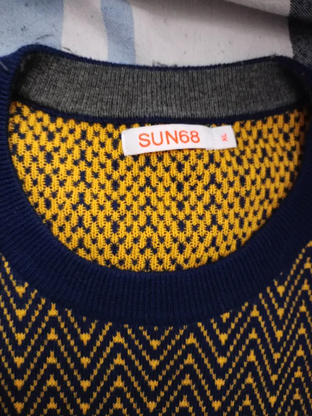Maglione uomo fantasia zig-zag blu e giallo