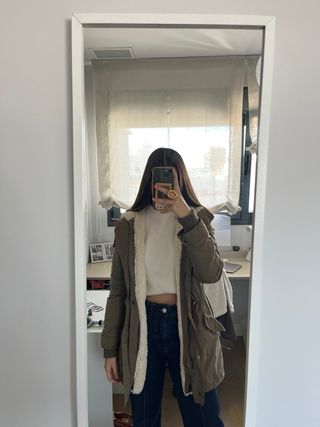 Parka Forro Borreguito Capucha Caqui