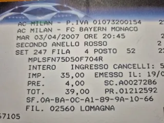 Biglietto Champions League 2007 Milan-Bayern