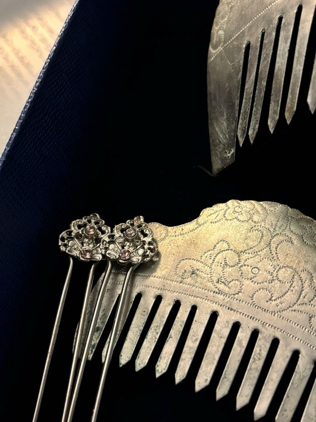 Aderezo y peinetas fallera plata y brillo morado