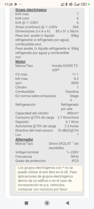 Generador gasolina 7KW Motor Honda