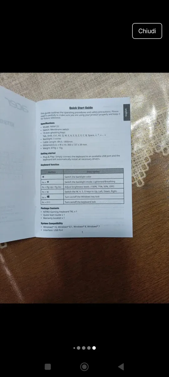 Tastiera Gaming Nitro NKW120 TKL Nera Acer