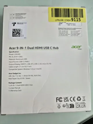 Hub Acer 9 en 1 Dual HDMI USB C