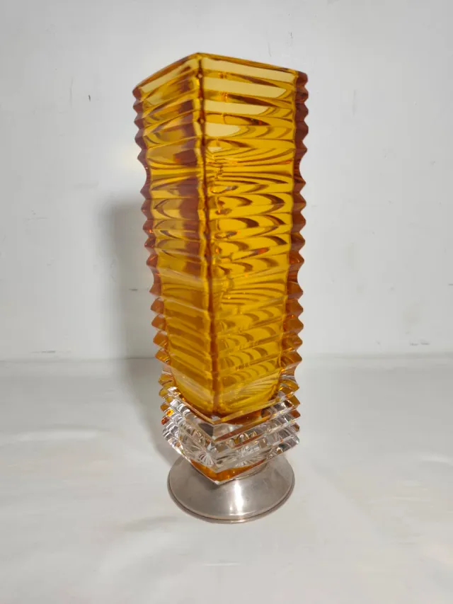 Jarrón Vintage Cristal Amarillo y Metal