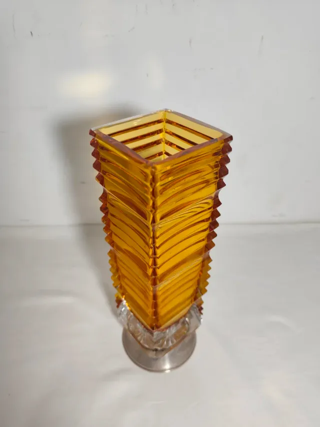 Jarrón Vintage Cristal Amarillo y Metal