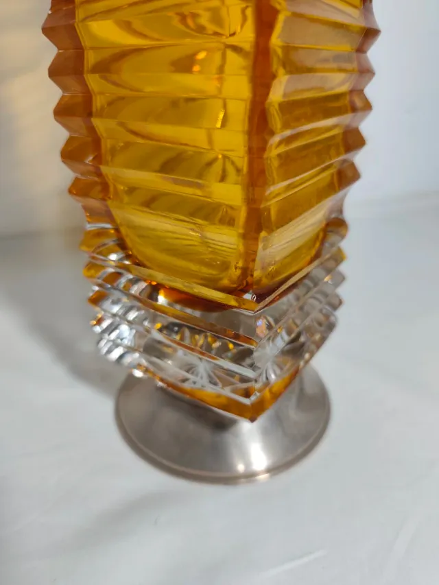 Jarrón Vintage Cristal Amarillo y Metal