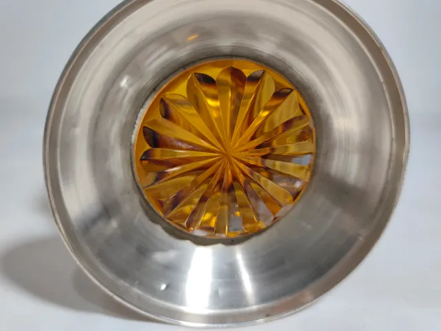 Jarrón Vintage Cristal Amarillo y Metal