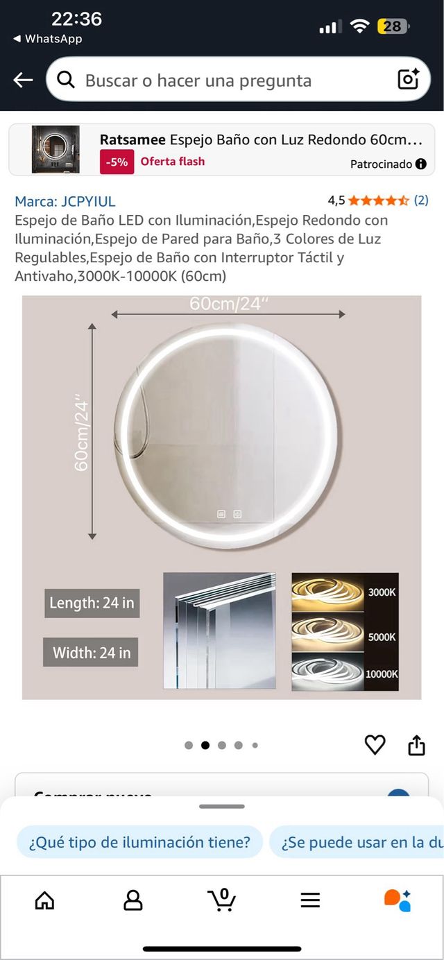 Espejo Baño Redondo LED Antivaho